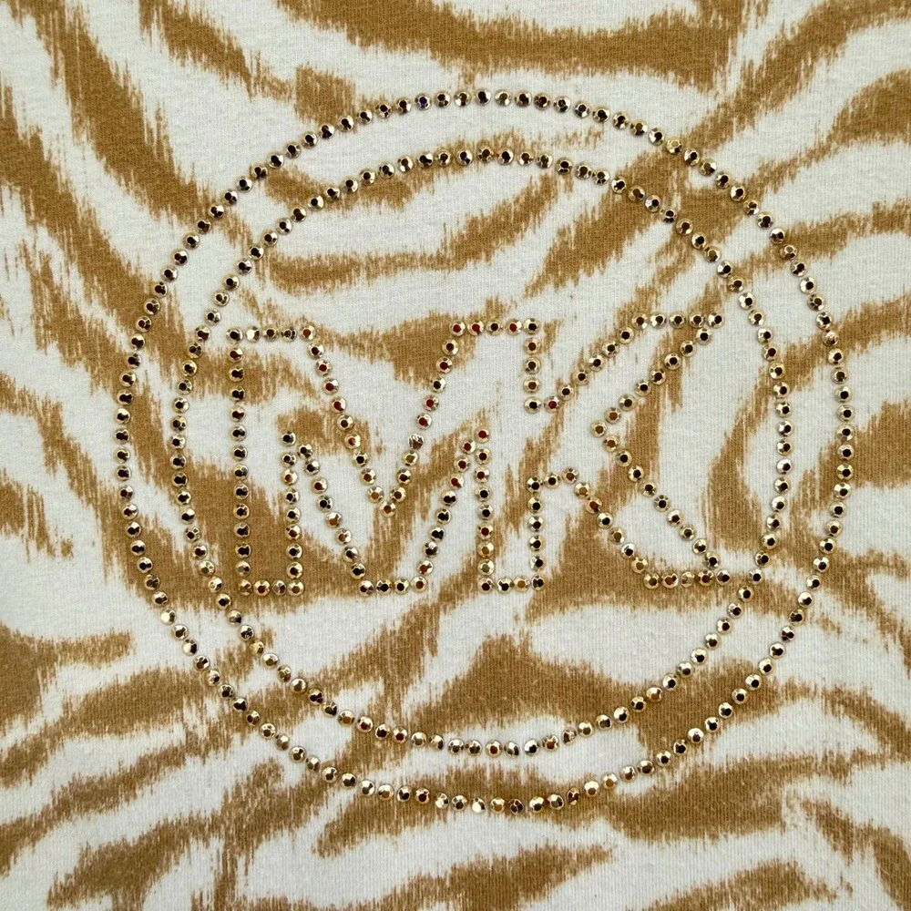 Michael Kors Womens Short Sleeve Tan T Shirt Zebra Print‎ Rhinestone Logo Size M
